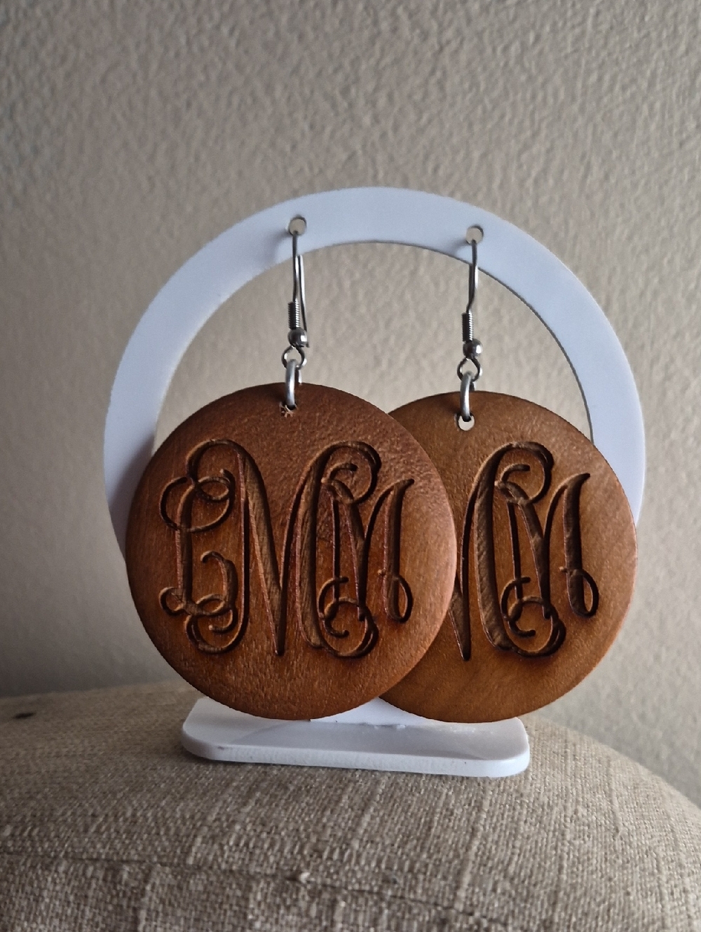 Handcrafted Monogram LMM Carved Wooden Circle Dangle Earrings